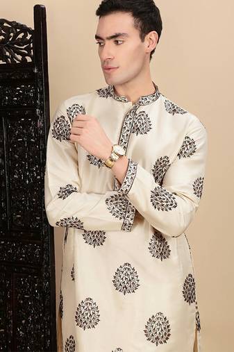 beige silk blend sequins kurta pajama for mens