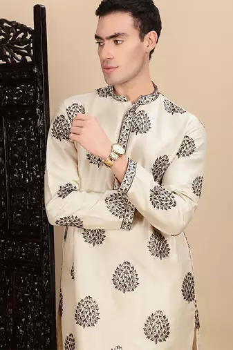 beige silk blend sequins kurta pajama for mens