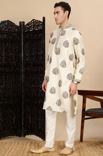 beige silk blend sequins kurta pajama for mens