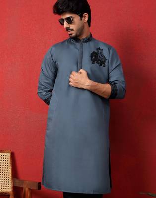 Cotton silk beaded motifs grey kurta 1