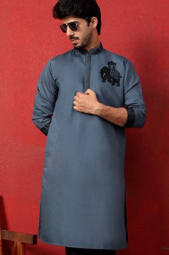 Cotton silk beaded motifs grey kurta