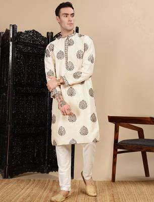 beige silk blend sequins kurta pajama for mens 3