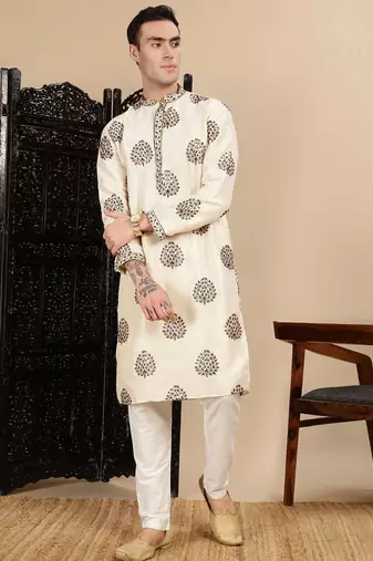 beige silk blend sequins kurta pajama for mens