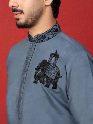 Cotton silk beaded motifs grey kurta 2