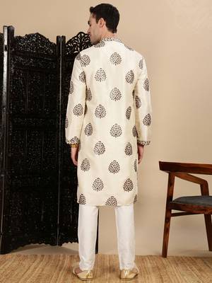 beige silk blend sequins kurta pajama for mens 4