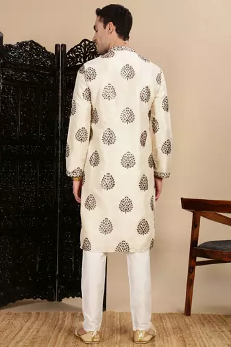 beige silk blend sequins kurta pajama for mens