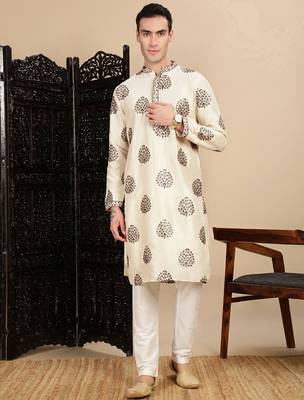 beige silk blend sequins kurta pajama for mens 5