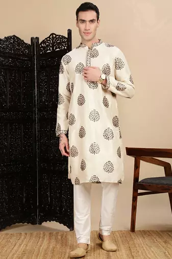 beige silk blend sequins kurta pajama for mens