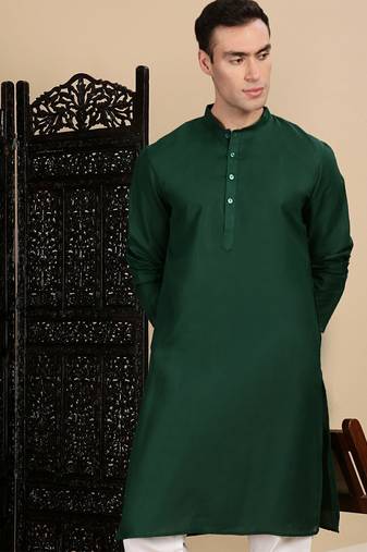 Bottle green cotton solid kurta pajama for mens