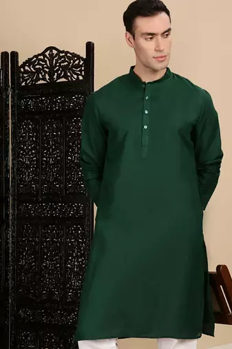 Bottle green cotton solid kurta pajama for mens