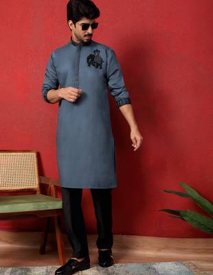 Cotton silk beaded motifs grey kurta 5