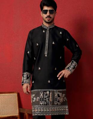 Thread & zari embroidered cotton silk black kurta 1