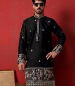 Thread & zari embroidered cotton silk black kurta