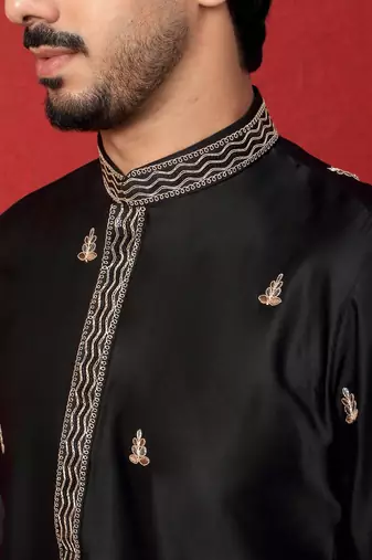 Thread & zari embroidered cotton silk black kurta