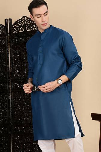 Blue cotton solid kurta pajama for mens