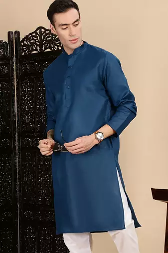 Blue cotton solid kurta pajama for mens