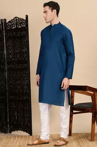 Blue cotton solid kurta pajama for mens