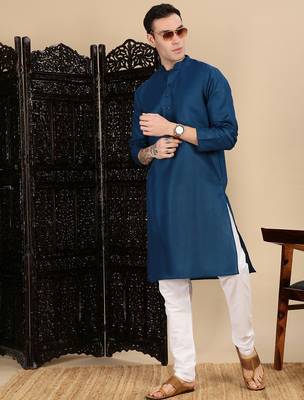 Blue cotton solid kurta pajama for mens 3