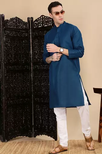 Blue cotton solid kurta pajama for mens