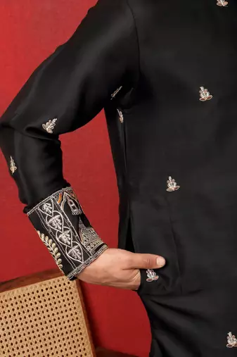 Thread & zari embroidered cotton silk black kurta