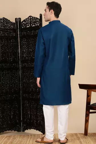 Blue cotton solid kurta pajama for mens