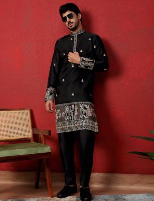 Thread & zari embroidered cotton silk black kurta 5