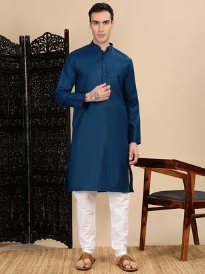 Blue cotton solid kurta pajama for mens 5