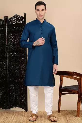 Blue cotton solid kurta pajama for mens
