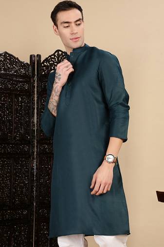 Denim blue cotton solid kurta pajama for mens