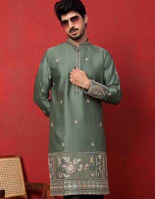 Thread & zari embroidered cotton silk green kurta 1