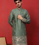 Thread & zari embroidered cotton silk green kurta