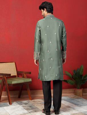 Thread & zari embroidered cotton silk green kurta 3