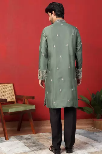 Thread & zari embroidered cotton silk green kurta
