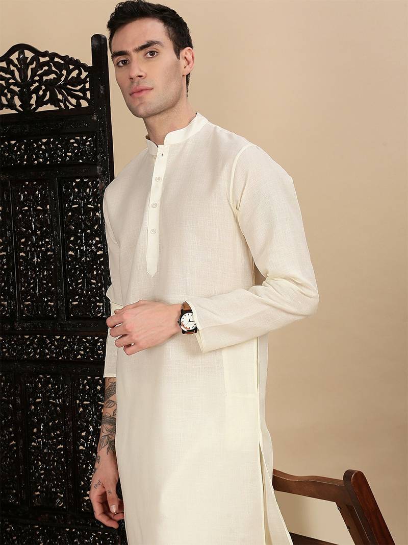 Off white cotton solid kurta pajama for mens