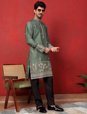 Thread & zari embroidered cotton silk green kurta 5
