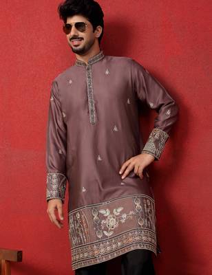 Thread & zari embroidered cotton silk mauve kurta 1