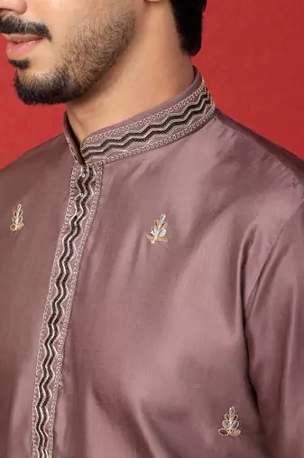 Thread & zari embroidered cotton silk mauve kurta