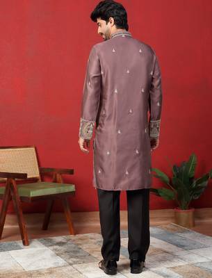 Thread & zari embroidered cotton silk mauve kurta 3