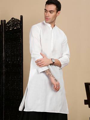 White cotton solid kurta pajama for mens 1