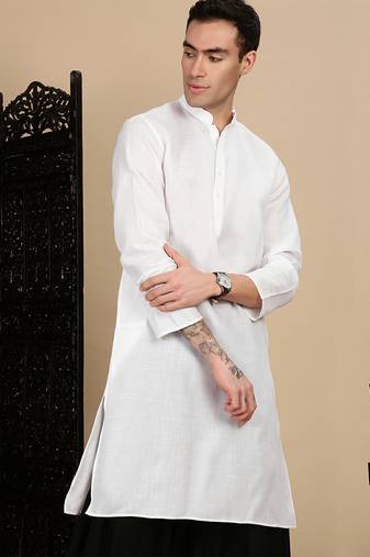 White cotton solid kurta pajama for mens