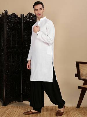 White cotton solid kurta pajama for mens 2