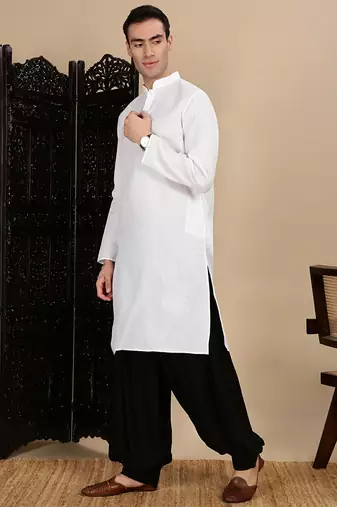 White cotton solid kurta pajama for mens