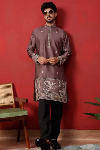 Thread & zari embroidered cotton silk mauve kurta