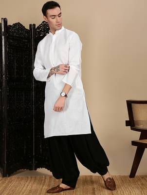White cotton solid kurta pajama for mens 3