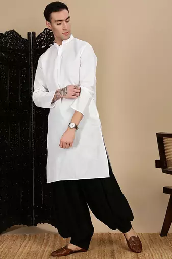 White cotton solid kurta pajama for mens