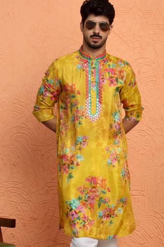 Silk yoke design floral mirror work mustard kurta