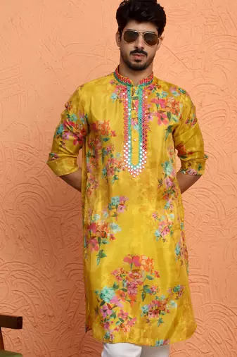 Silk yoke design floral mirror work mustard kurta
