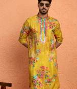 Silk yoke design floral mirror work mustard kurta