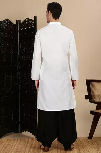 White cotton solid kurta pajama for mens