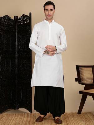 White cotton solid kurta pajama for mens 5
